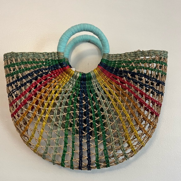 C & C Anthro Natural Straw Tote Bag Rainbow - Picture 4 of 7